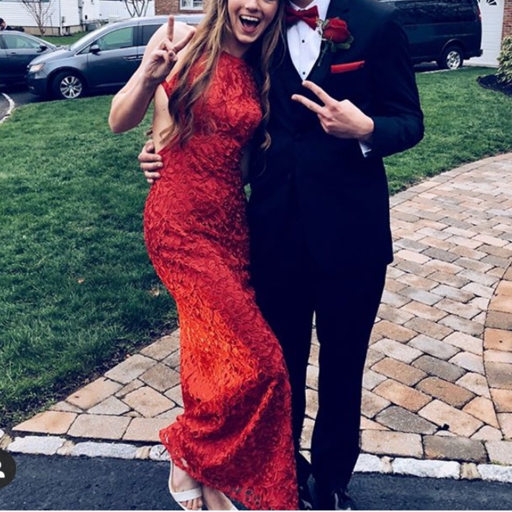 RED full length lace prom dress OPEN BACK